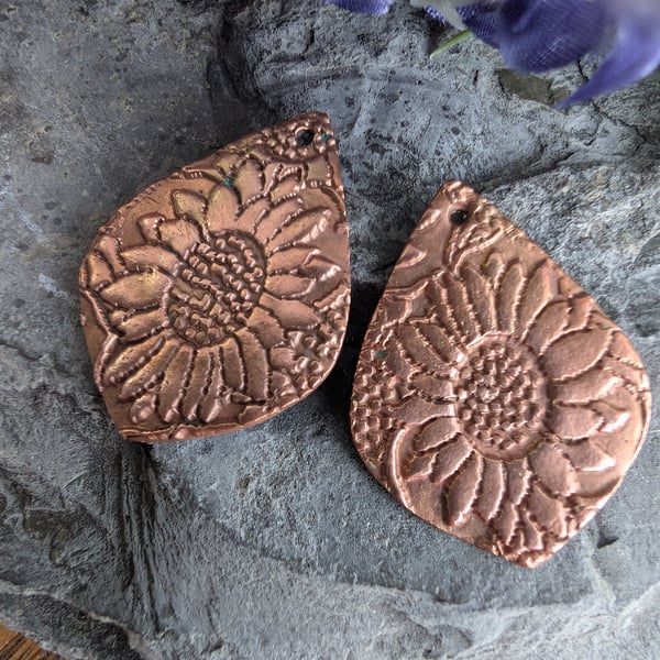Artisan Made Copper Sunflower Teardrop Charms 1 pair