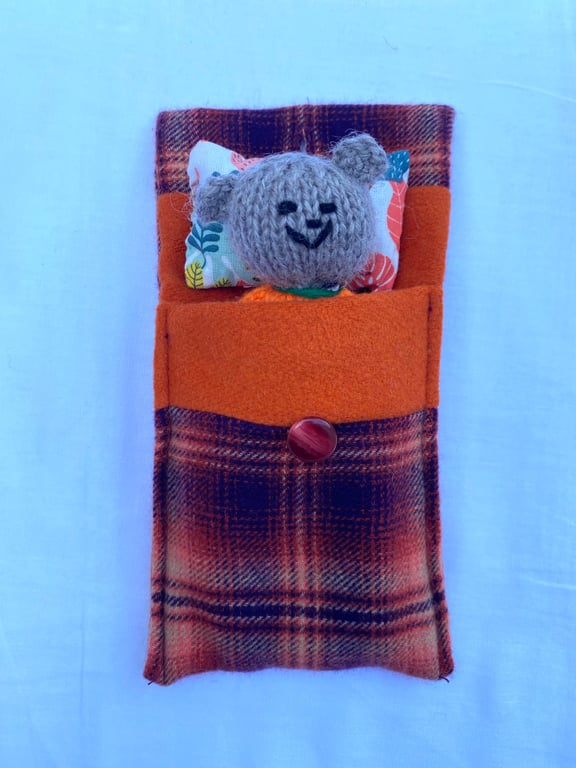 Companion bear, mini hand knitted bear in bed