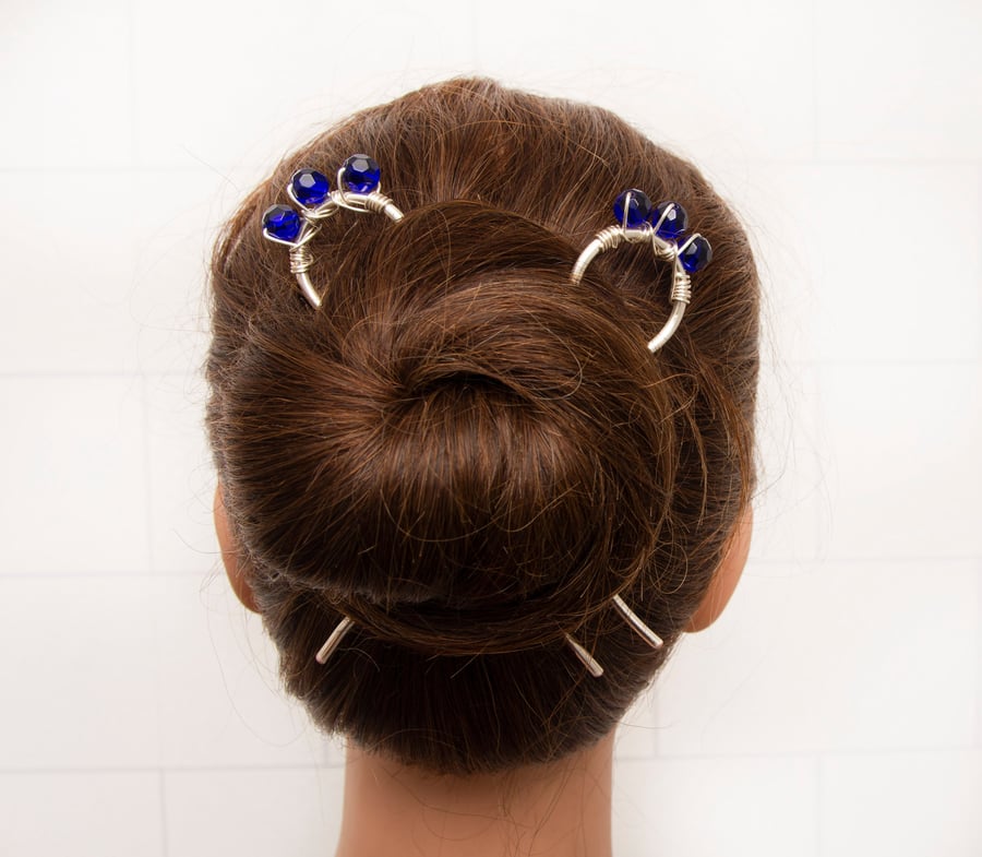 Two cobalt blue hair forks, Metal Hair pins, blue glass hair bun slides