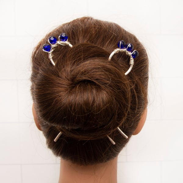 Two cobalt blue hair forks, Metal Hair pins, blue glass hair bun slides