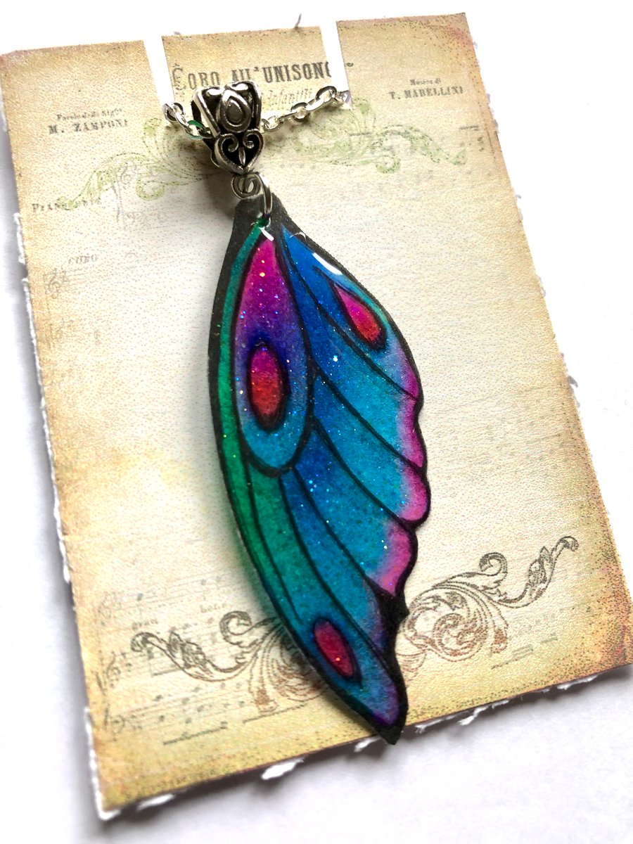 Blue Purple Red and Green Fairy Wing Necklace