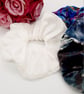 Set of 3 large scrunchies,  white satin,  navy velour and blue petal.   - Image 6