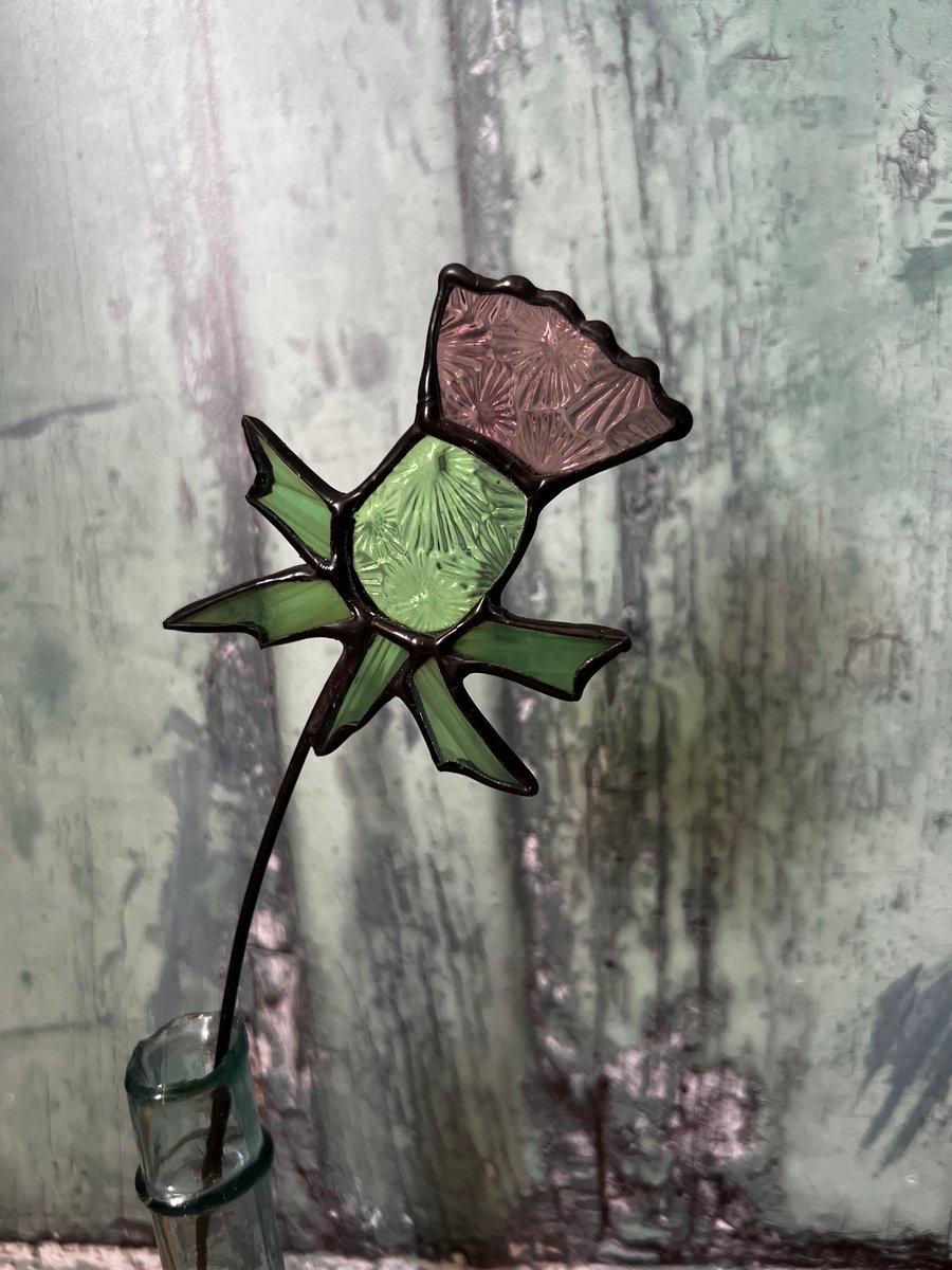 Stained glass thistle stem - purple Scottish thistle 