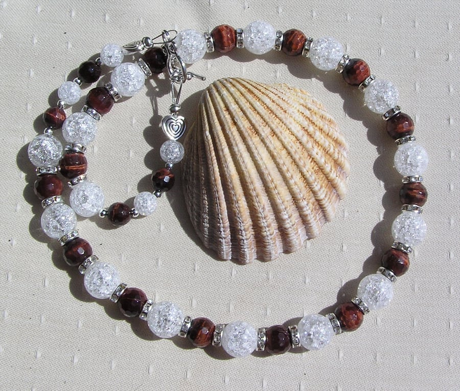 Red Tiger Eye & Clear Quartz Gemstone Chakra Beaded Necklace "Burgundy Sparkle"