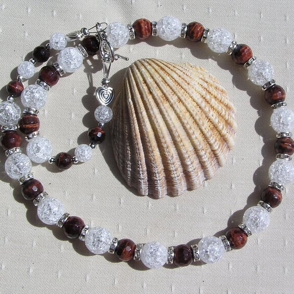 Red Tiger Eye & Clear Quartz Gemstone Chakra Beaded Necklace "Burgundy Sparkle"