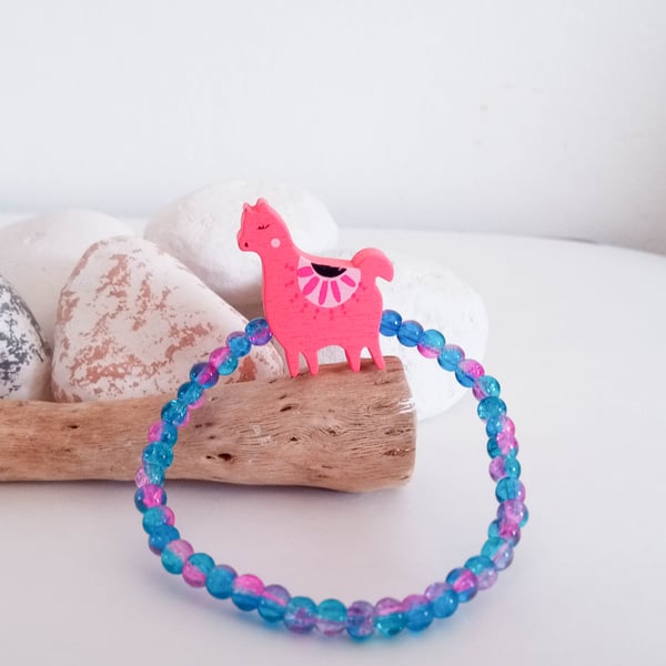 Small Alpaca Llama Crackle Bead Bracelet - Pink