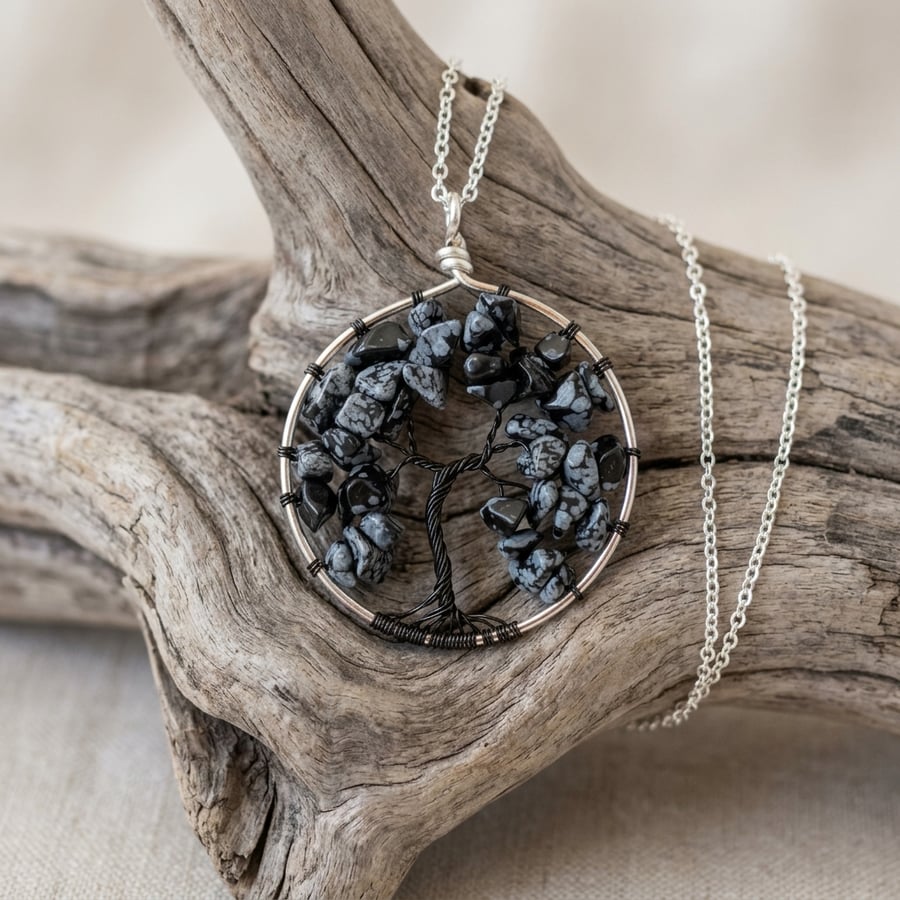 Snowflake Obsidian Wire Tree Of Life Necklace