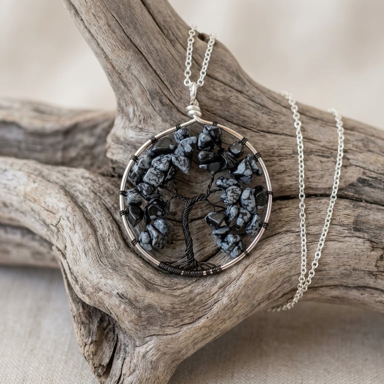 Snowflake Obsidian Wire Tree Of Life Necklace