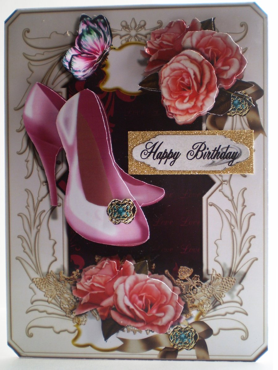 handmade decoupage shoe and flower card,personalise