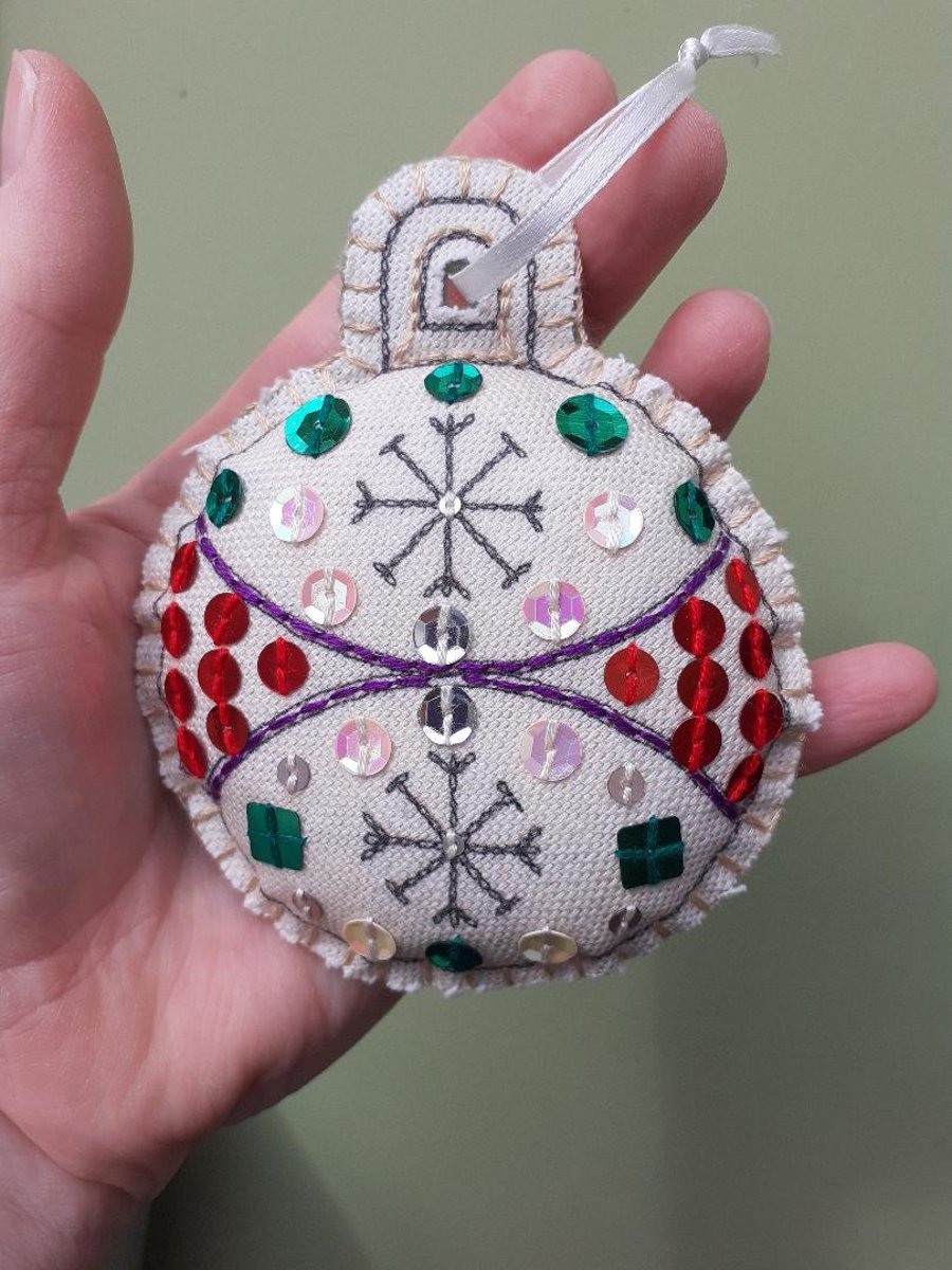 Round Linen Bauble, Red and Green