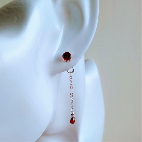 Red Garnet Chain Drop Silver Earring, Red Garnet Pull Through Style Earring