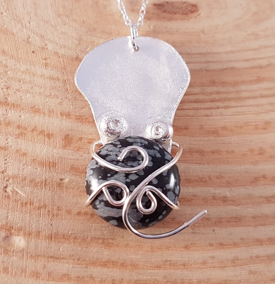 Sterling Sterling Octopus Necklace with Snowflake Obsidian Gemstone Cabochon