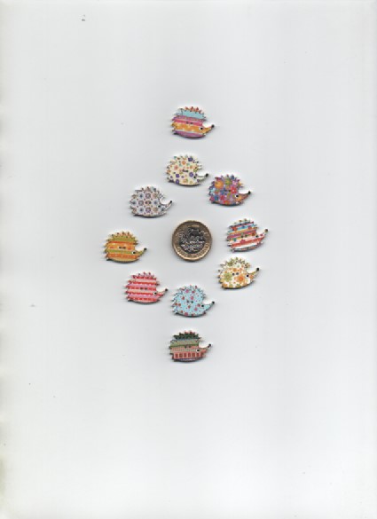 Pack of 10 assorted wooden painted funky HEDGEHOG buttons CLEARANCE