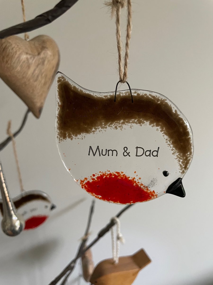 Handmade Fused Glass Mum & Dad Robin Christmas Decoration