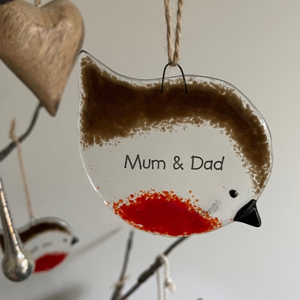 Handmade Fused Glass Mum & Dad Robin Christmas Decoration