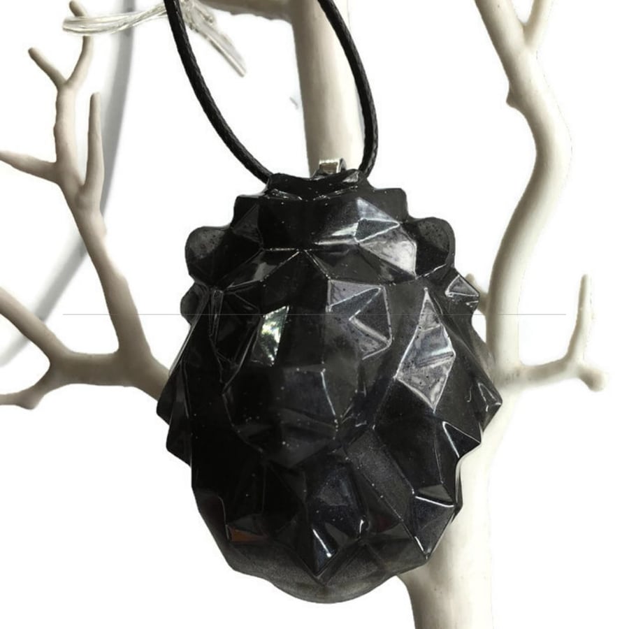 Black lion pendant with a black cord chain. 