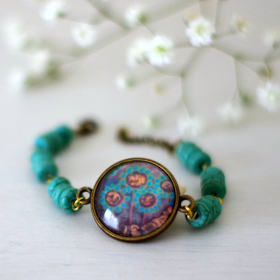 Turquoise Gemstones Bracelet, Bronze Bracelet with Turquoise Flowers