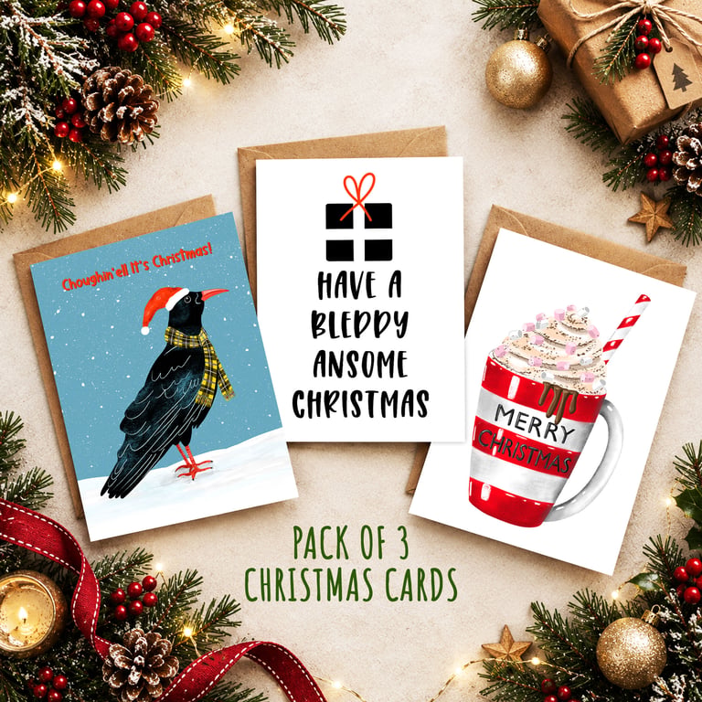 Pack of 3 Cornwall Christmas Cards - Cute Festive Greeting Cards