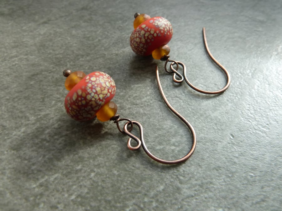 copper earrings, red lampwork glass