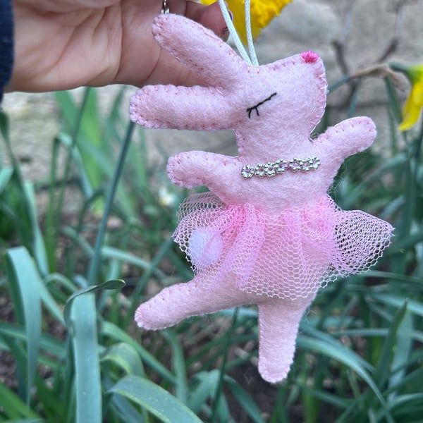 Pink Felt Ballerina Bunny Hanging Decoration - Handcut and Handmade  