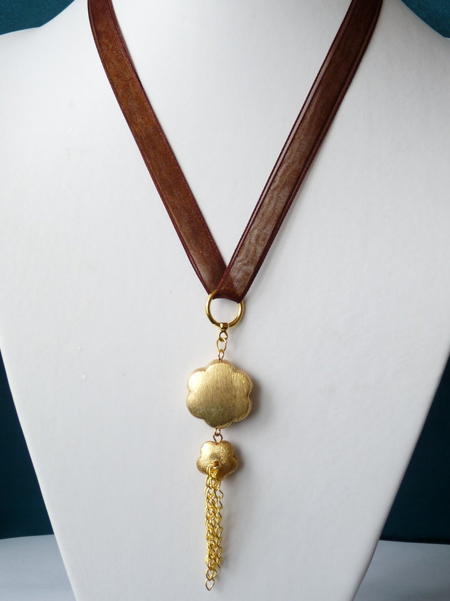 Gold Flower Ribbon Necklace - Handmade