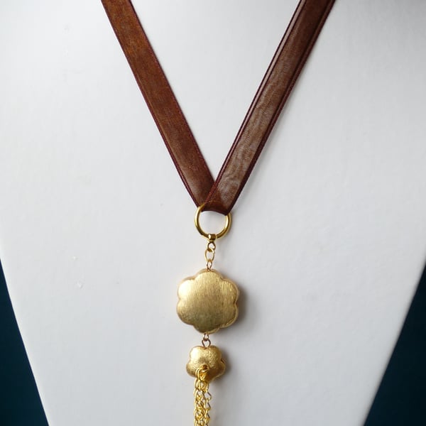 Gold Flower Ribbon Necklace - Handmade