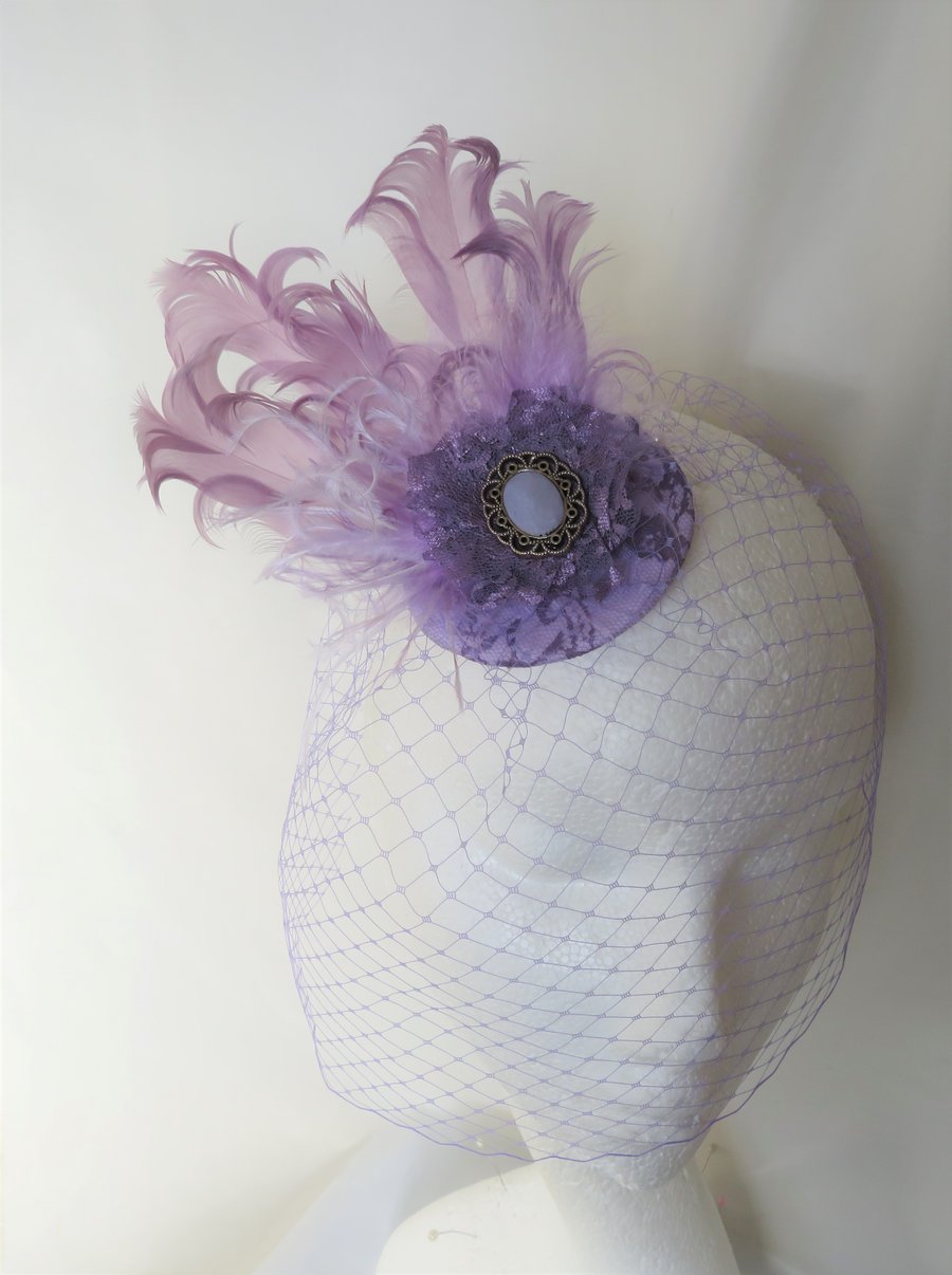 Antique Lilac Vintage Style Feather Clip In Blusher Birdcage Veil 