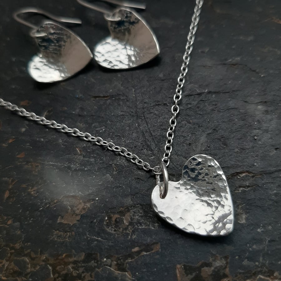 Silver hammered texture domed heart necklace and earring set - various sizes