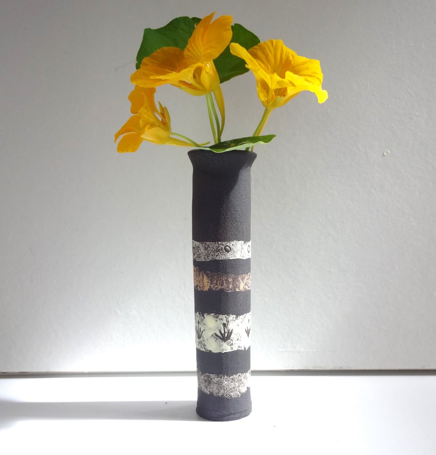 Ceramic bud vase, abstract mid-century decorative stripes, handmade original.