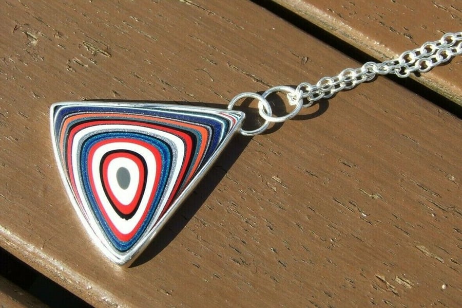 Triangular Fordite Multicoloured Pendant in Fine Silver on Silver 925 Necklace