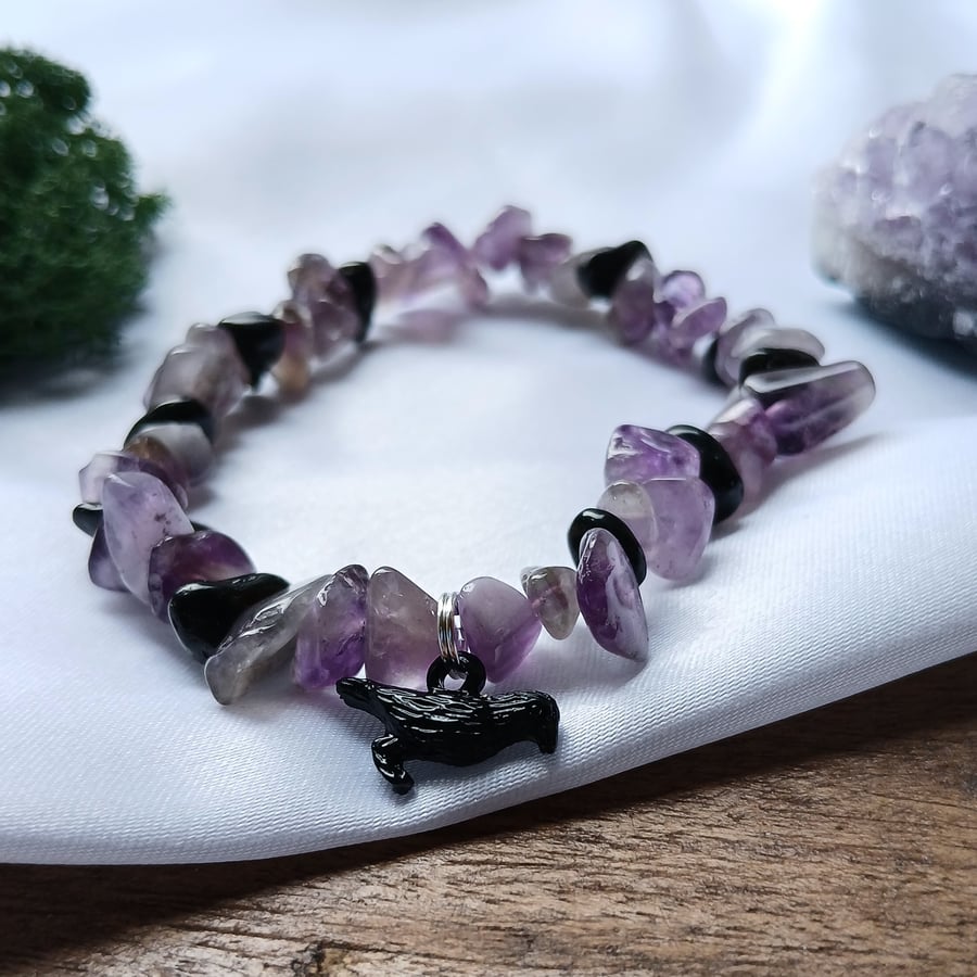 Pagan Crow Raven Handmade Bracelet with Amethyst & Obsidian