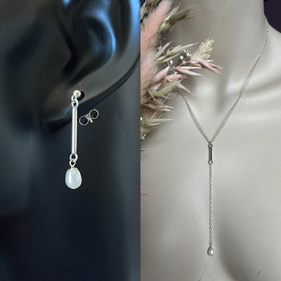 Handmade Rice Pearl Bar Drop Earrings & Long Drop Pendant Set
