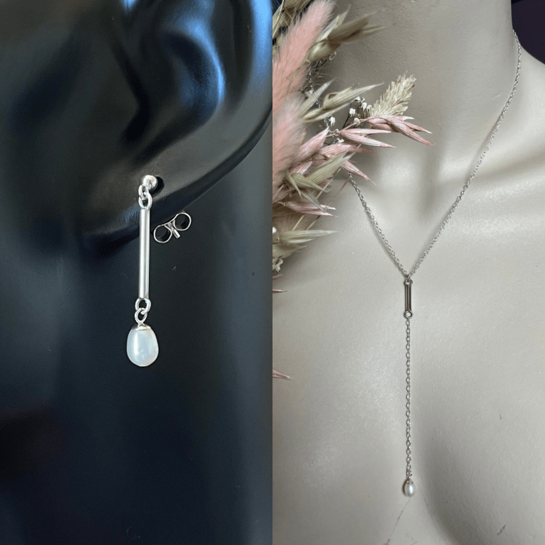 Handmade Rice Pearl Bar Drop Earrings & Long Drop Pendant Set