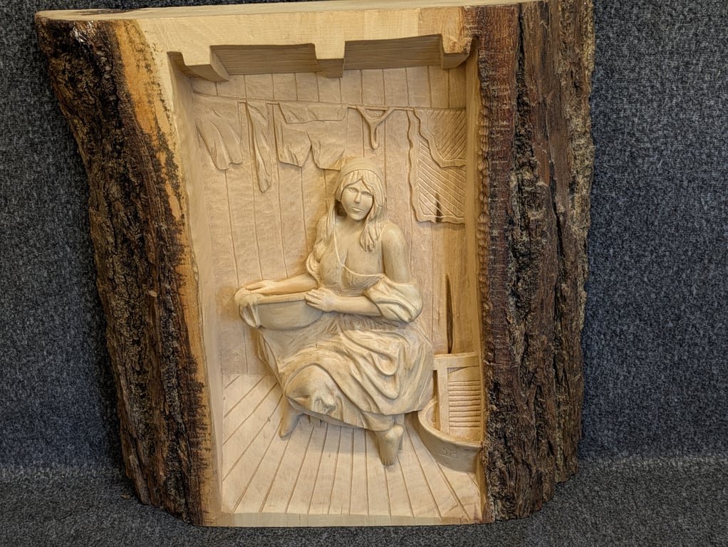 Laundry lady at work wooden picture 