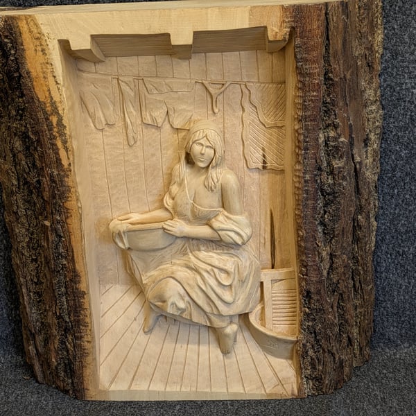 Laundry lady at work wooden picture 
