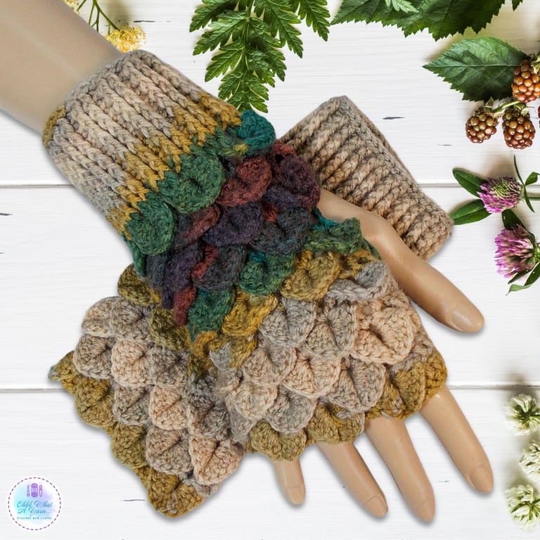 Crochet gloves. Brown, green and gold dragon scale gloves. Fingerless gloves.