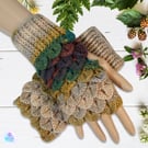 Crochet gloves. Brown, green and gold dragon scale gloves. Fingerless gloves.