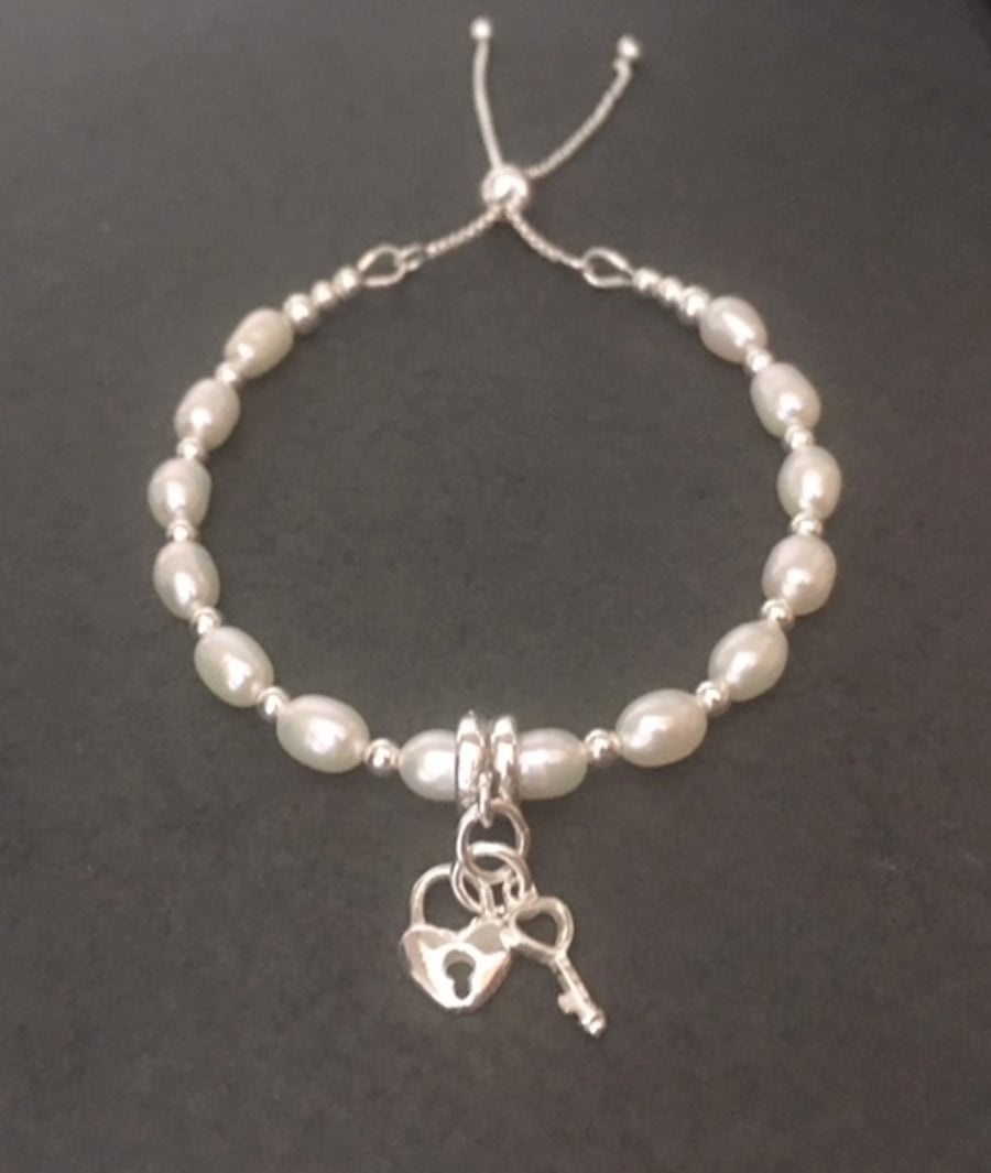 Sterling Silver White Pearl Heart Lock & Key Adjustable Bracelet