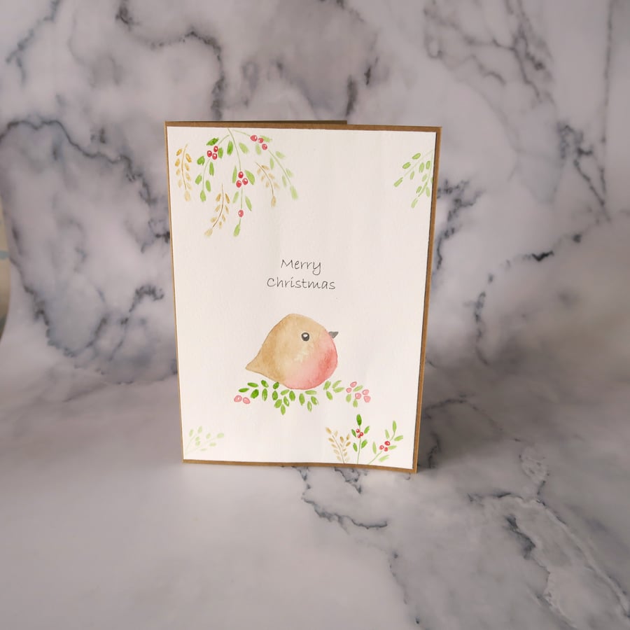 Hand Painted Robin & Foliage Christmas Card
