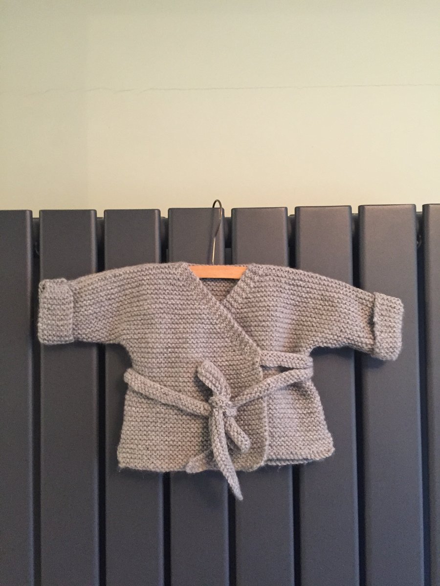 Hand knitted baby wrap cardigan - grey
