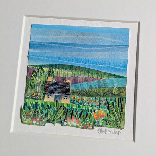 Summer Cottage - Original paper collage. Mounted