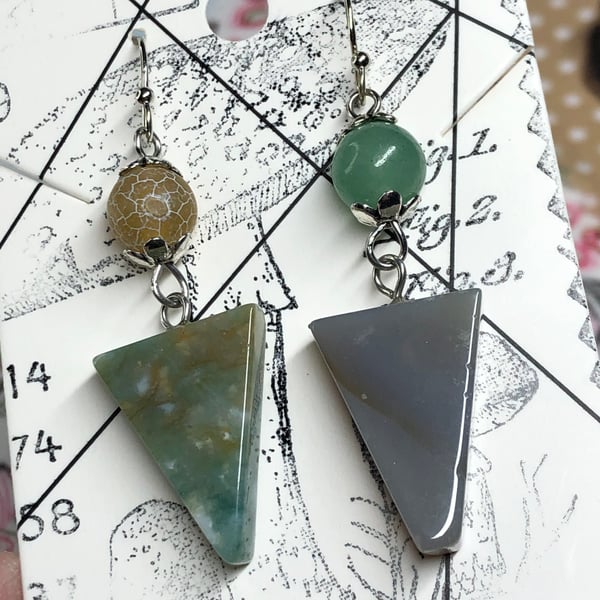 Mismatched triangle gemstone earrings - Agate, Quartz and Amazonite 