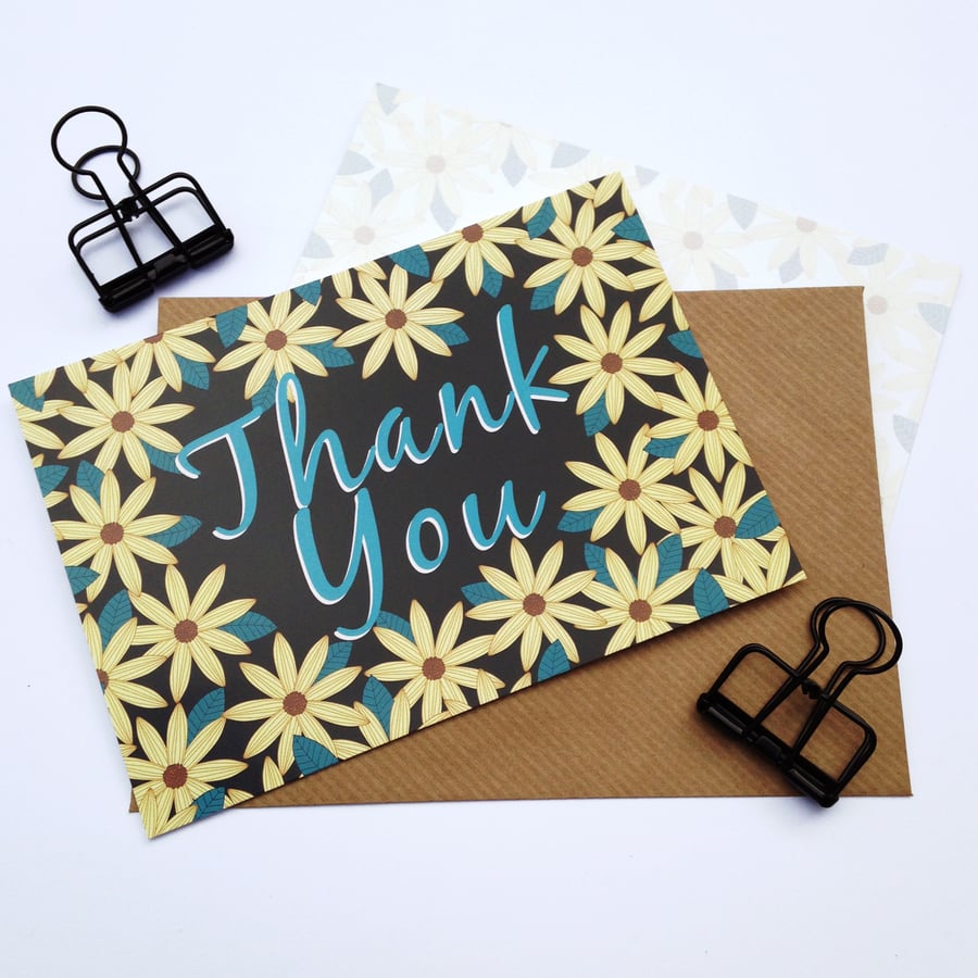 Pack of 10 Thank You Postcards with Brown Kraft Envelopes - Gerbera Black