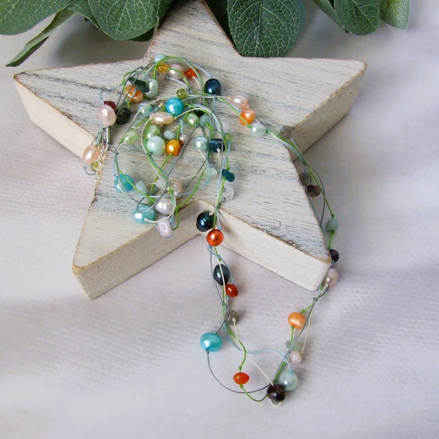 Pearl & Gemstone Necklace or Wrap Bracelet on Waxed Cord