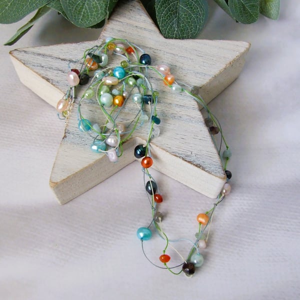 Pearl & Gemstone Necklace or Wrap Bracelet on Waxed Cord