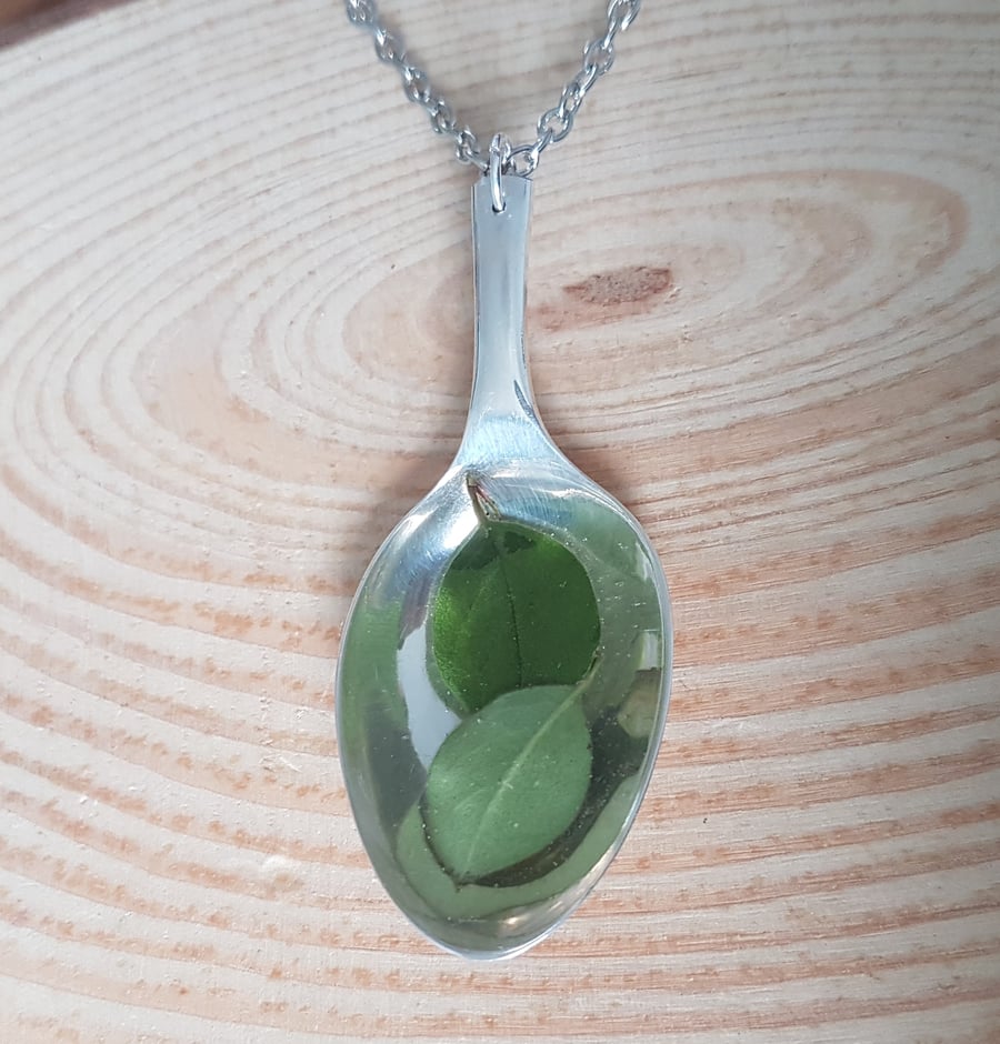 Upcycled Silver Plated Teaspoon Double Leaf Resin Necklace SPN041706