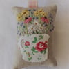 Hanging lavender bag with Cath Kidston jug design and hand-embroidered flowers