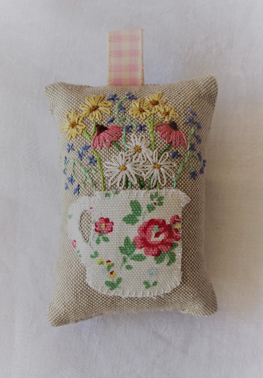 Hanging lavender bag with Cath Kidston jug design and hand-embroidered flowers