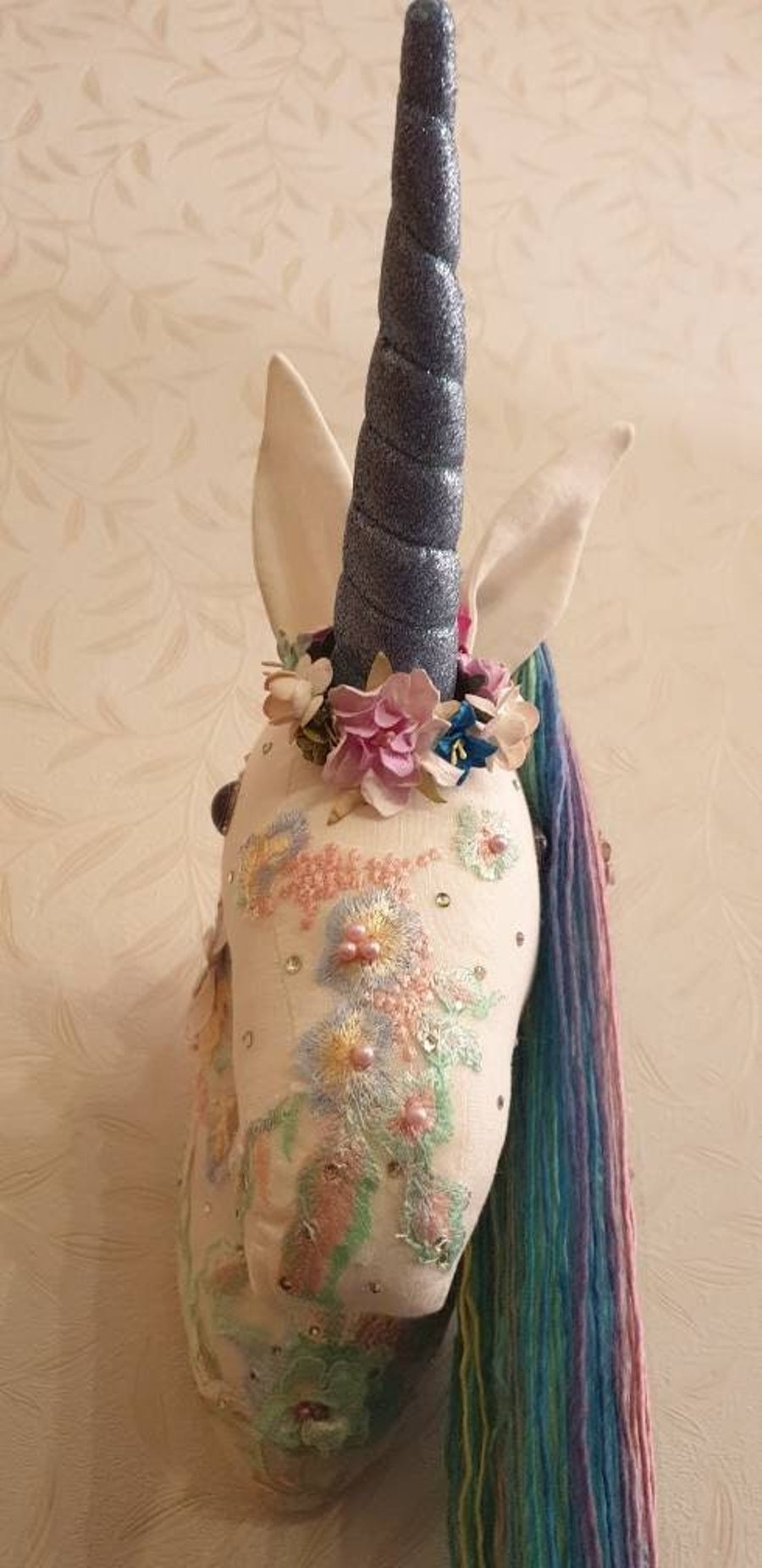 Mystical Unicorn Faux Taxidermy Head Wall Mount. Mermaid colouring styled yarn, 