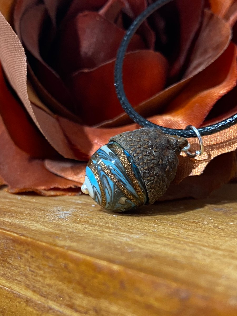 From Tiny Acorns - Pale Blue and Copper Glass Acorn Pendant
